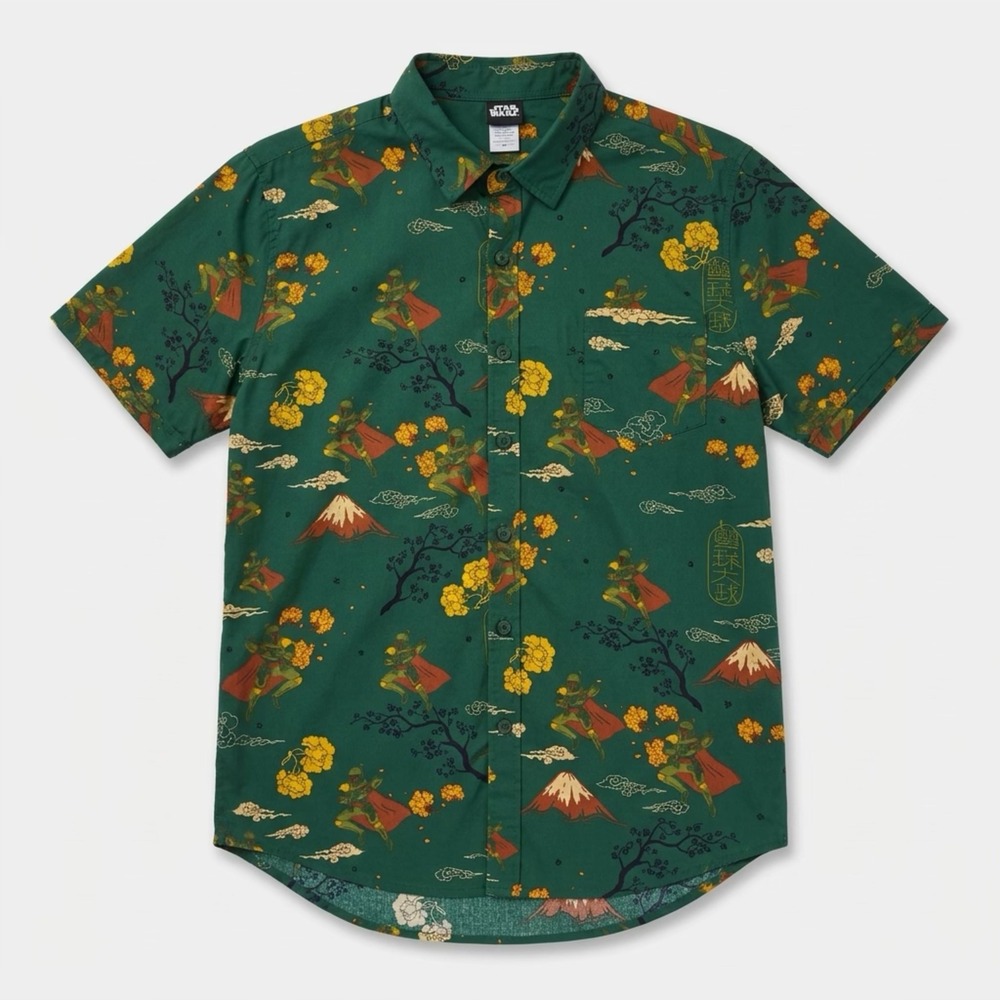 Star Wars Boba Fett Japanese Ukiyo-e Print Button Down Shirt Green Mens L